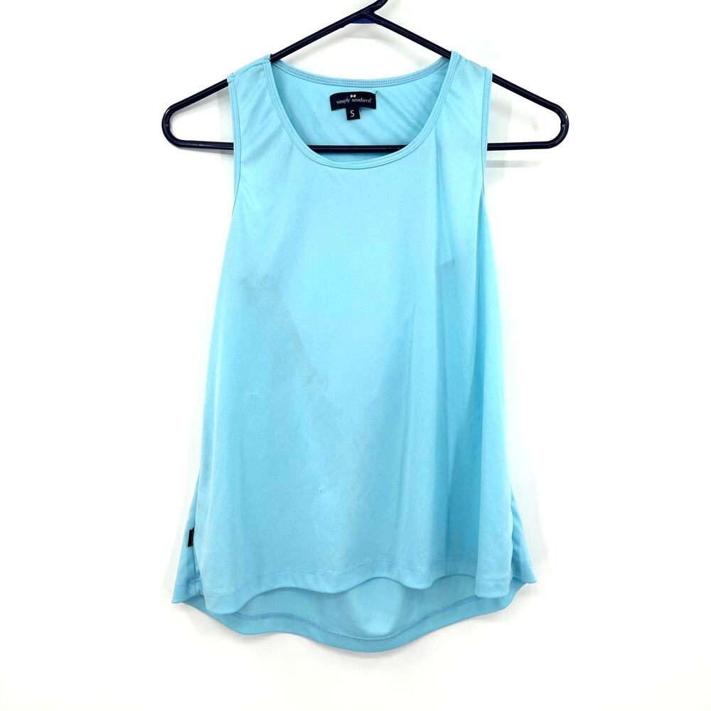 Simply Southern Size Small Sleeveless Tank Top Blue Open Back‎ Scallop Detail